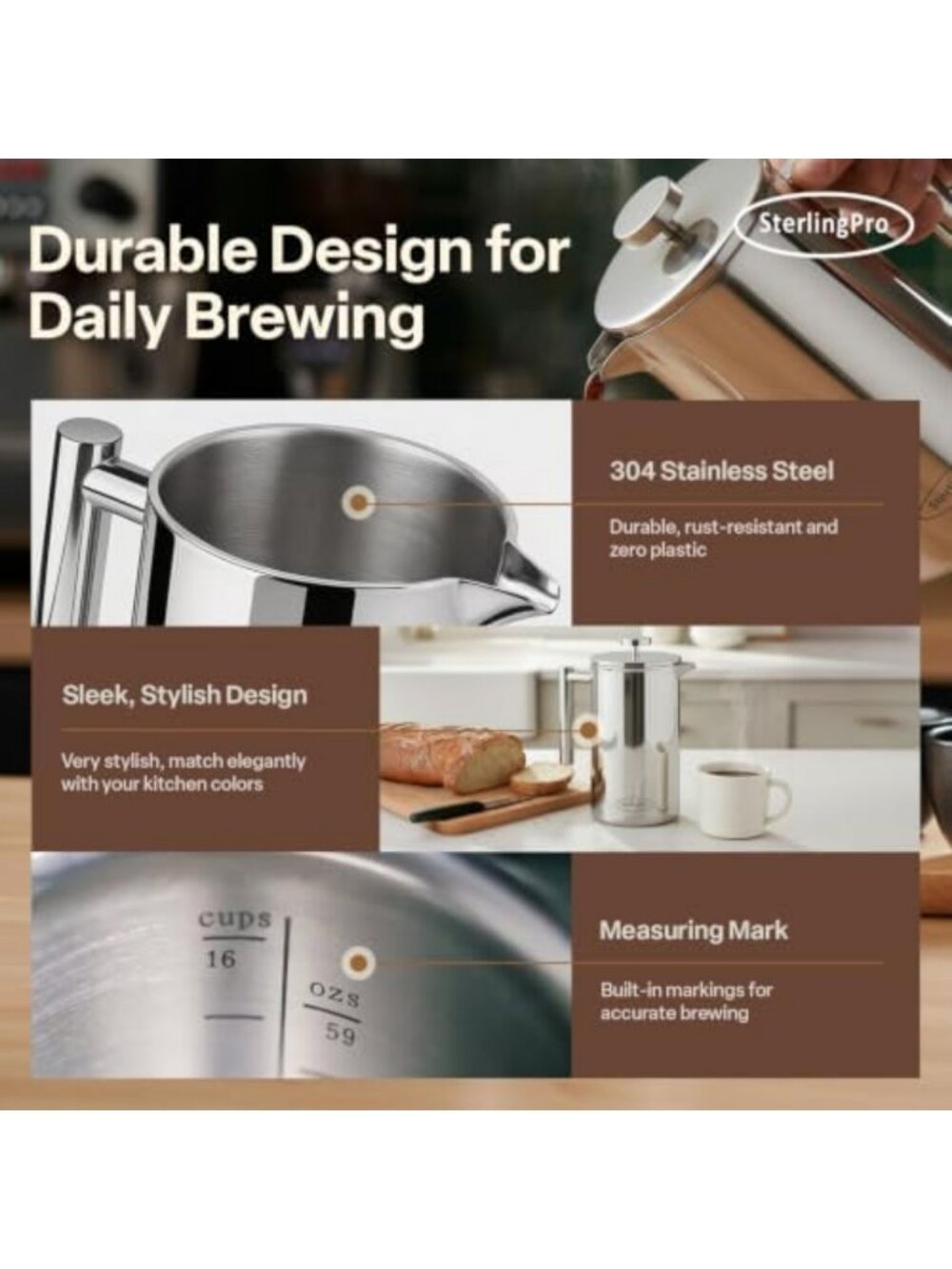 Extra Large Non-Toxic Insulated Stainless Steel French Press - 64oz Capacity, 16 - Picture 6 of 6